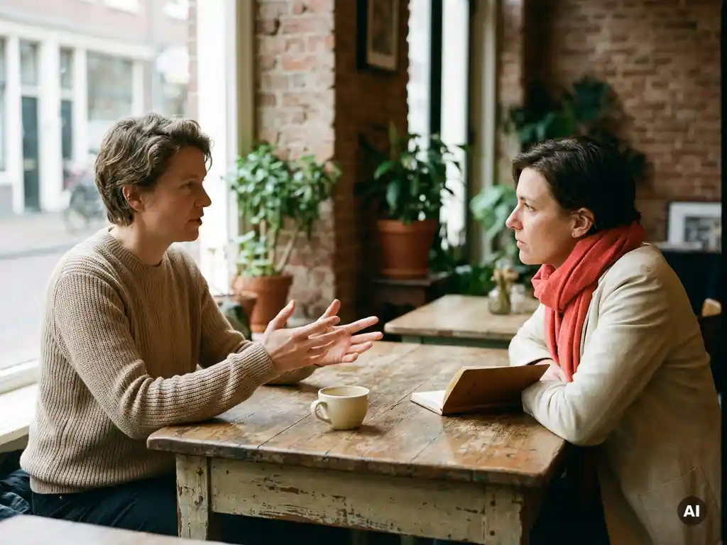 Twee mensen in gesprek aan een versleten houten cafétafel in Amsterdam, met koffie en een notitieboek, warm natuurlijk daglicht.