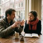 Twee mensen in gesprek aan een versleten houten cafétafel in Amsterdam, met een koffiekopje en notitieboek, warm natuurlijk daglicht.