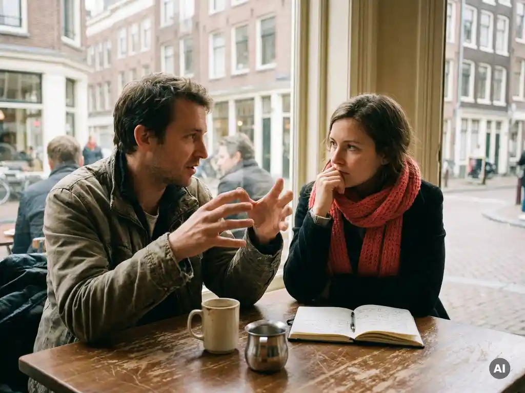 Twee mensen in gesprek aan een versleten houten cafétafel in Amsterdam, met een koffiekopje en notitieboek, warm natuurlijk daglicht.