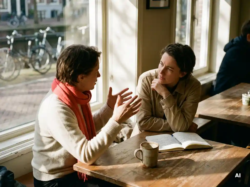 Twee mensen in gesprek aan een houten cafétafel in Amsterdam, met een koffiekopje en open notitieboek in warm natuurlijk licht.