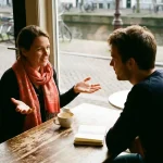 Twee mensen in gesprek aan een houten cafétafel in Amsterdam, met koffie en notitieboekje, in warm natuurlijk daglicht.