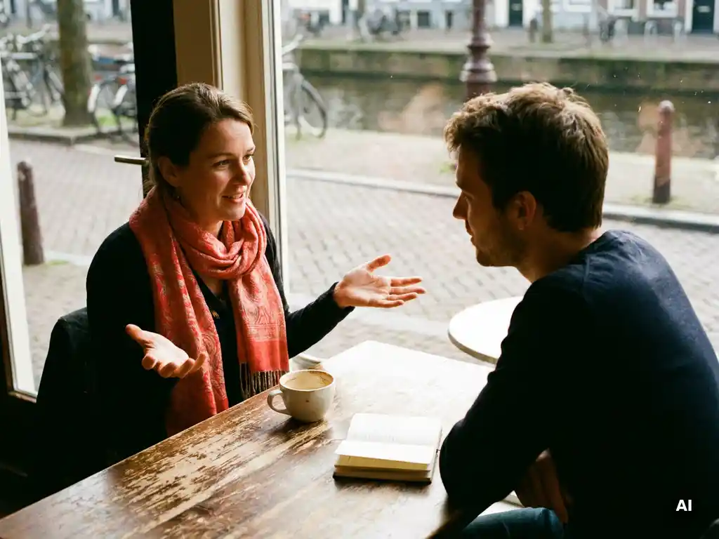 Twee mensen in gesprek aan een houten cafétafel in Amsterdam, met koffie en notitieboekje, in warm natuurlijk daglicht.