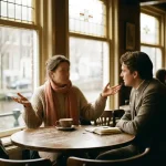 Twee mensen in gesprek aan een houten cafétafel in Amsterdam, met koffie en een notitieboekje in zacht daglicht.