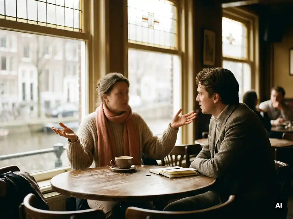 Twee mensen in gesprek aan een houten cafétafel in Amsterdam, met koffie en een notitieboekje in zacht daglicht.