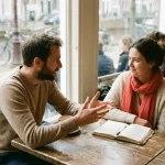 Twee mensen in gesprek aan een versleten houten cafétafel in Amsterdam, met een koffiekopje en notitieboek, warm natuurlijk daglicht.