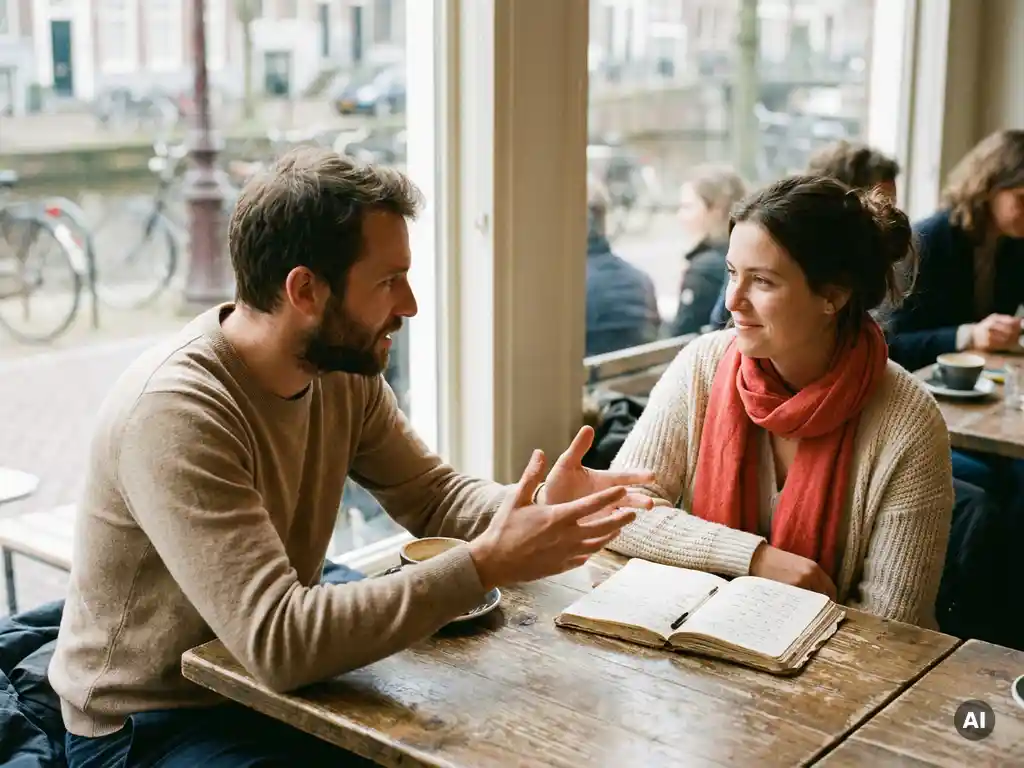 Twee mensen in gesprek aan een versleten houten cafétafel in Amsterdam, met een koffiekopje en notitieboek, warm natuurlijk daglicht.