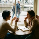 Twee mensen in gesprek aan een versleten houten cafétafel in Amsterdam, met koffiekopje en opengeslagen notitieboek.