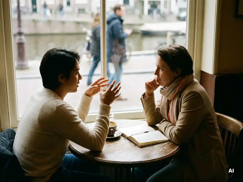 Twee mensen in gesprek aan een versleten houten cafétafel in Amsterdam, met koffiekopje en opengeslagen notitieboek.