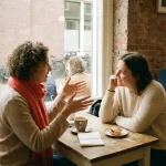 Twee mensen in gesprek aan een houten cafétafel in Amsterdam, één gebaart expressief terwijl de ander aandachtig luistert.