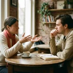 Twee mensen in gesprek aan een houten cafétafel in Amsterdam, met koffie en een notitieboek, in warm natuurlijk daglicht.