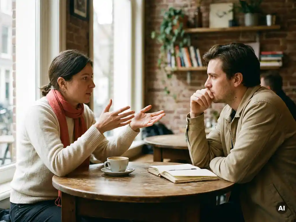 Twee mensen in gesprek aan een houten cafétafel in Amsterdam, met koffie en een notitieboek, in warm natuurlijk daglicht.