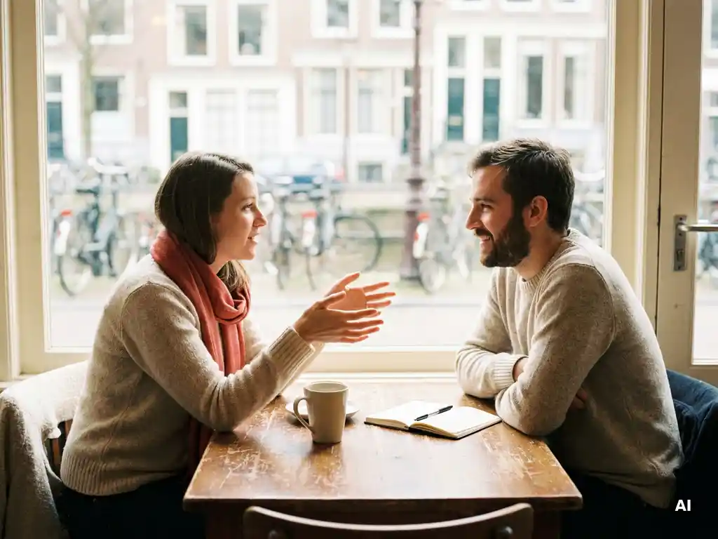 Twee mensen in gesprek aan een versleten houten cafétafel in Amsterdam, één leunt voorover met open handen terwijl de ander aandachtig luistert.