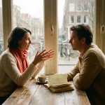 Twee mensen in gesprek aan een houten cafétafel in Amsterdam, met koffie en een open notitieboek in warm natuurlijk licht.
