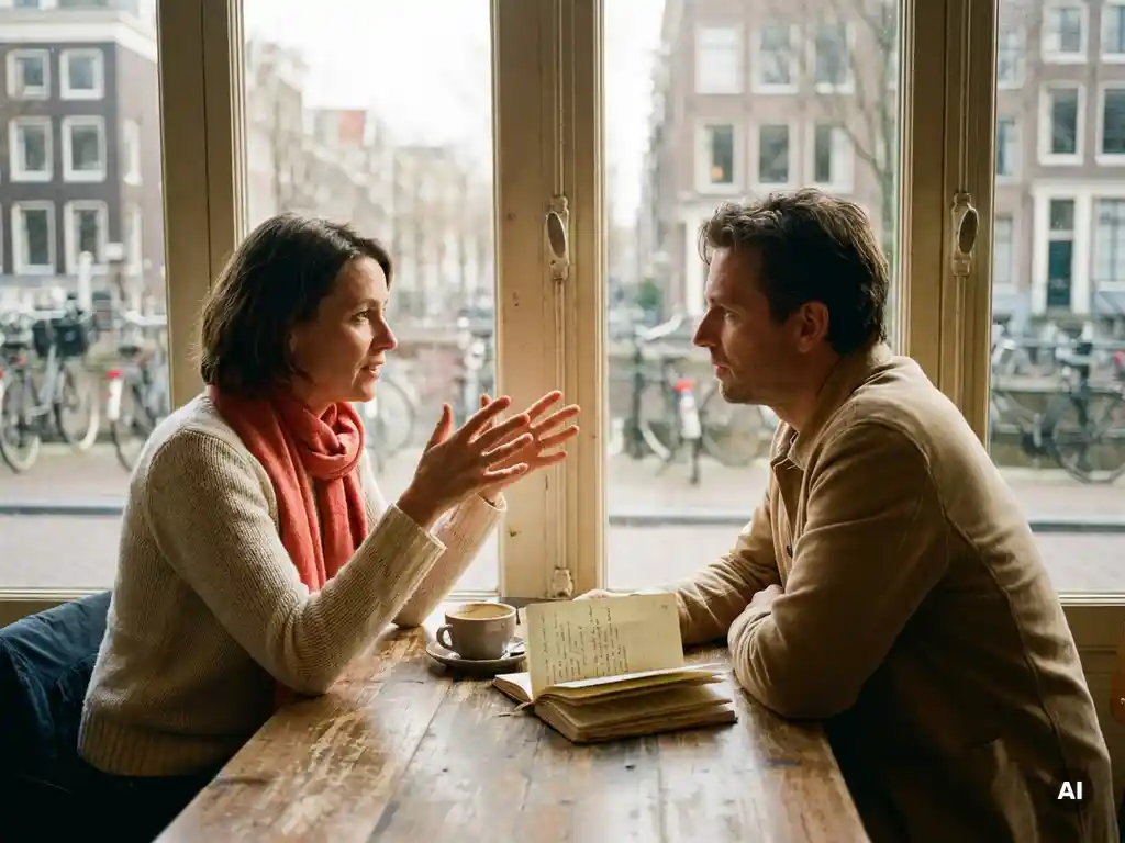 Twee mensen in gesprek aan een houten cafétafel in Amsterdam, met koffie en een open notitieboek in warm natuurlijk licht.
