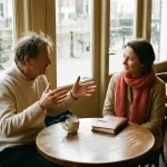 Twee mensen in gesprek aan een versleten houten cafétafel in Amsterdam, één persoon gebaart terwijl de ander aandachtig luistert.