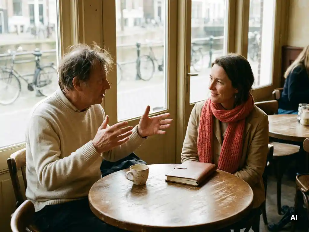 Twee mensen in gesprek aan een versleten houten cafétafel in Amsterdam, één persoon gebaart terwijl de ander aandachtig luistert.