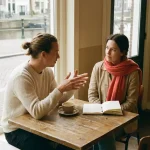 Twee mensen in gesprek aan een houten cafétafel in Amsterdam, met een koffiekopje en notitieboek, in warm natuurlijk daglicht.