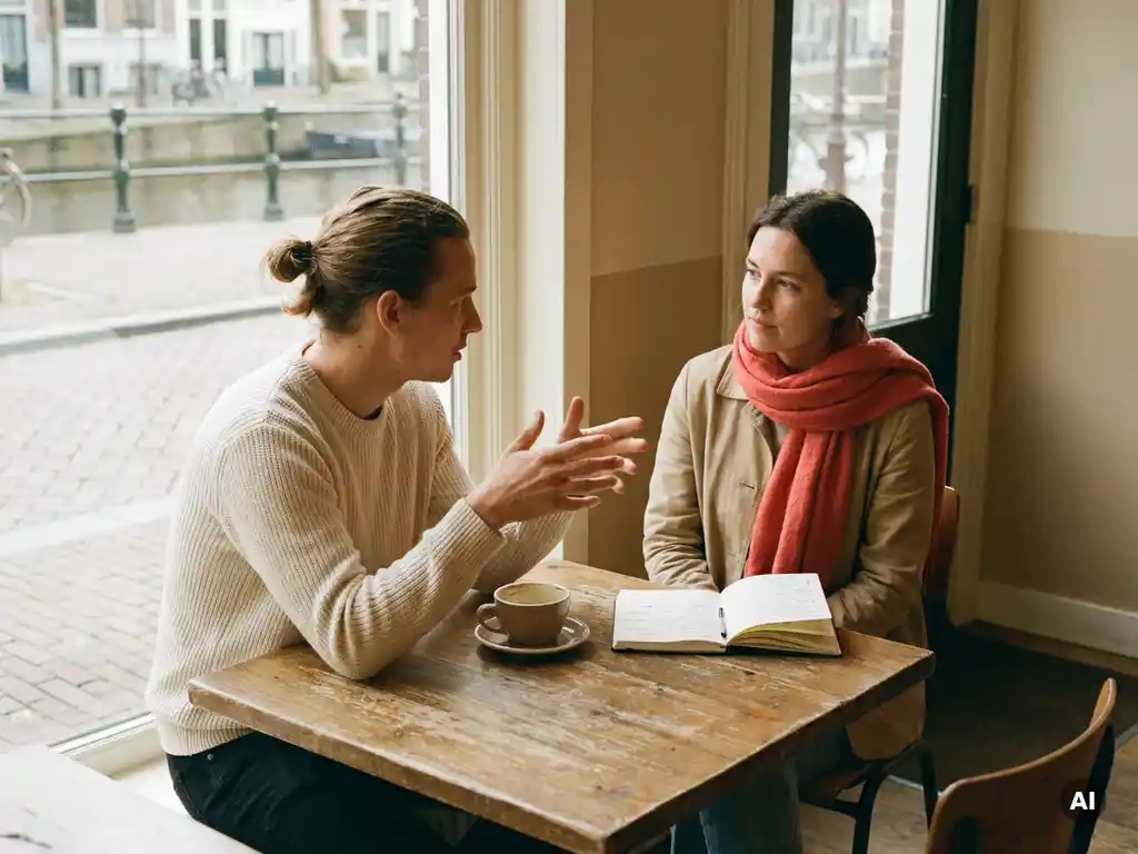 Twee mensen in gesprek aan een houten cafétafel in Amsterdam, met een koffiekopje en notitieboek, in warm natuurlijk daglicht.