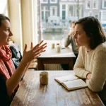 Twee mensen in gesprek aan een versleten houten cafétafel in Amsterdam, omringd door warm natuurlijk daglicht.