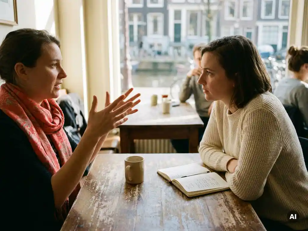 Twee mensen in gesprek aan een versleten houten cafétafel in Amsterdam, omringd door warm natuurlijk daglicht.
