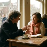 Twee mensen in gesprek aan een versleten houten cafétafel in Amsterdam, met een keramische koffiekop en notitieboekje erbij.