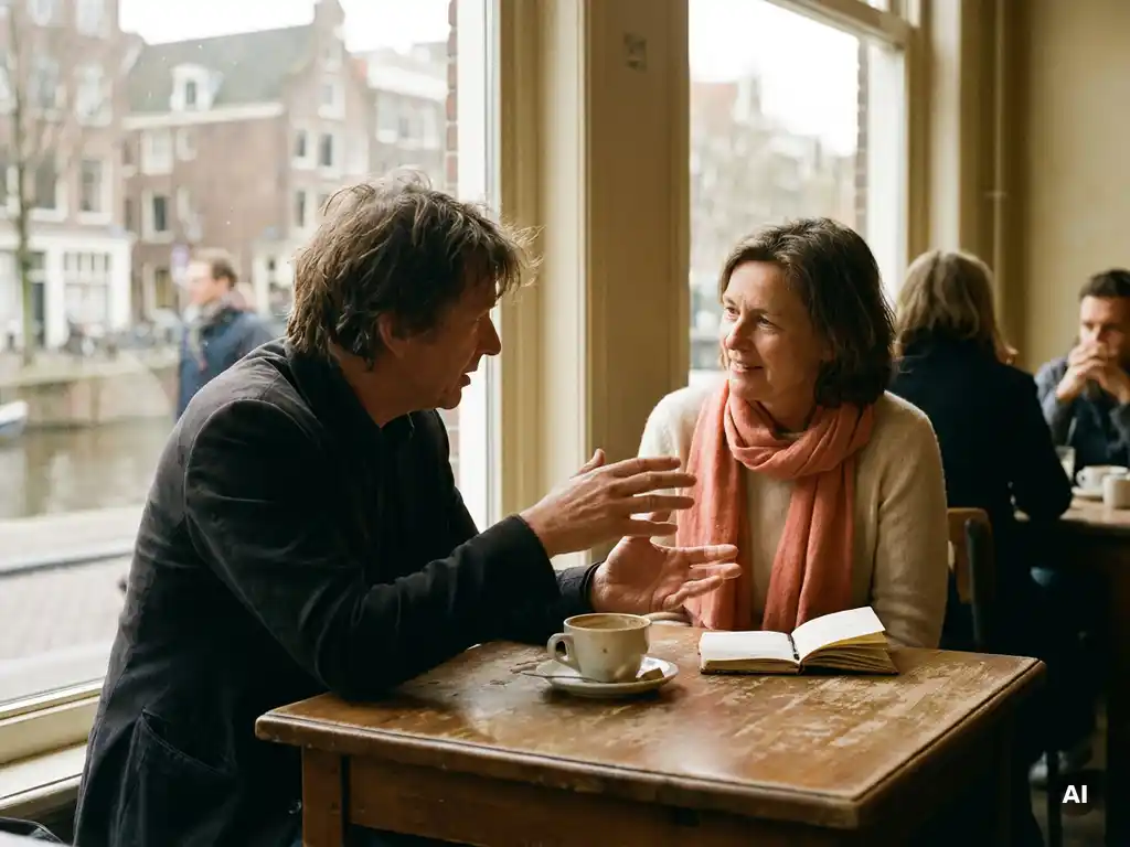 Twee mensen in gesprek aan een versleten houten cafétafel in Amsterdam, met een keramische koffiekop en notitieboekje erbij.