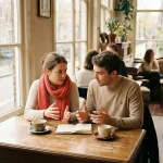 Twee mensen in levendig gesprek aan een houten cafétafel in Amsterdam, met koffie en een notitieboekje in warm daglicht.