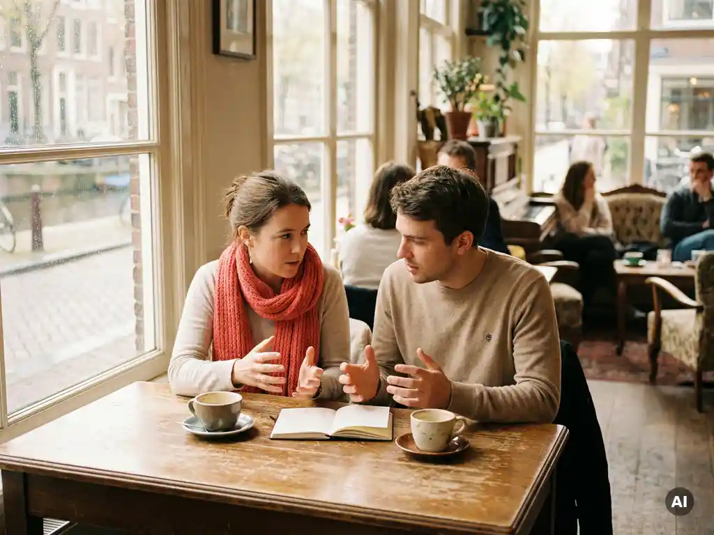 Twee mensen in levendig gesprek aan een houten cafétafel in Amsterdam, met koffie en een notitieboekje in warm daglicht.
