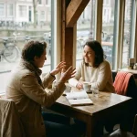 Twee mensen in gesprek aan een houten cafétafel in Amsterdam, met koffie en een open notitieboek, in warm natuurlijk daglicht.