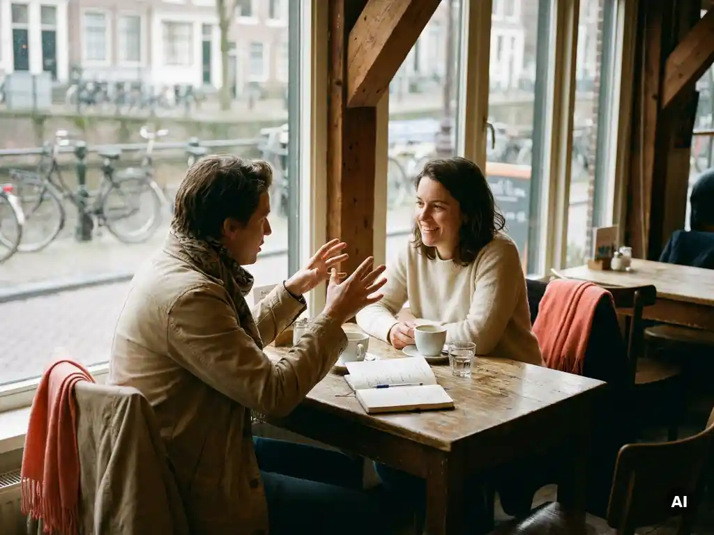 Twee mensen in gesprek aan een houten cafétafel in Amsterdam, met koffie en een open notitieboek, in warm natuurlijk daglicht.