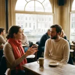 Twee mensen in gesprek aan een verweerde houten cafétafel in Amsterdam, één gebarend, de ander aandachtig luisterend, met een keramische koffiekop en zacht natuurlijk daglicht.