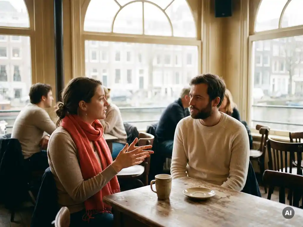 Twee mensen in gesprek aan een verweerde houten cafétafel in Amsterdam, één gebarend, de ander aandachtig luisterend, met een keramische koffiekop en zacht natuurlijk daglicht.