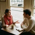 Twee mensen in gesprek aan een houten cafétafel in Amsterdam, met een keramische koffiekop en notitieboekje erbij.