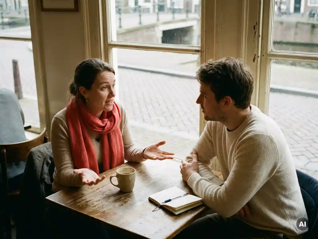 Twee mensen in gesprek aan een houten cafétafel in Amsterdam, met een keramische koffiekop en notitieboekje erbij.