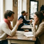 Twee mensen in gesprek aan een houten cafétafel in Amsterdam, met een koffiekopje en notitieboek, warm natuurlijk daglicht.