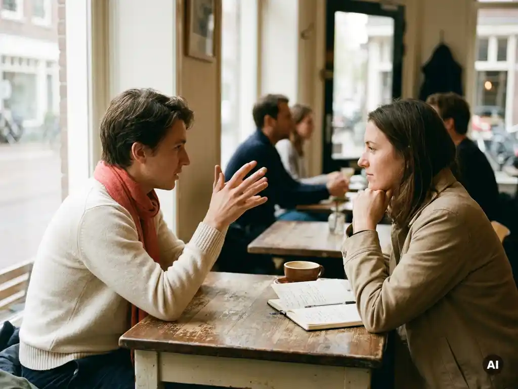 Twee mensen in gesprek aan een houten cafétafel in Amsterdam, met een koffiekopje en notitieboek, warm natuurlijk daglicht.