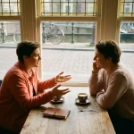 Twee mensen in gesprek aan een houten cafétafel in Amsterdam, met koffiekopjes en een notitieboekje, in warm natuurlijk daglicht.