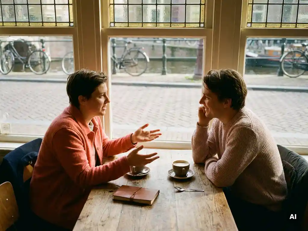 Twee mensen in gesprek aan een houten cafétafel in Amsterdam, met koffiekopjes en een notitieboekje, in warm natuurlijk daglicht.