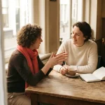 Twee mensen in gesprek aan een houten cafétafel in Amsterdam, met koffie en een notitieboek in warm natuurlijk licht.