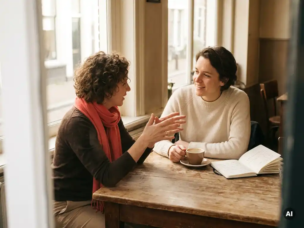 Twee mensen in gesprek aan een houten cafétafel in Amsterdam, met koffie en een notitieboek in warm natuurlijk licht.