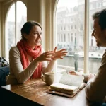 Twee mensen in gesprek aan een verweerde houten caféttafel in Amsterdam, één leunt voorover met gebarende handen, keramische koffiekop en notitieboek op tafel.