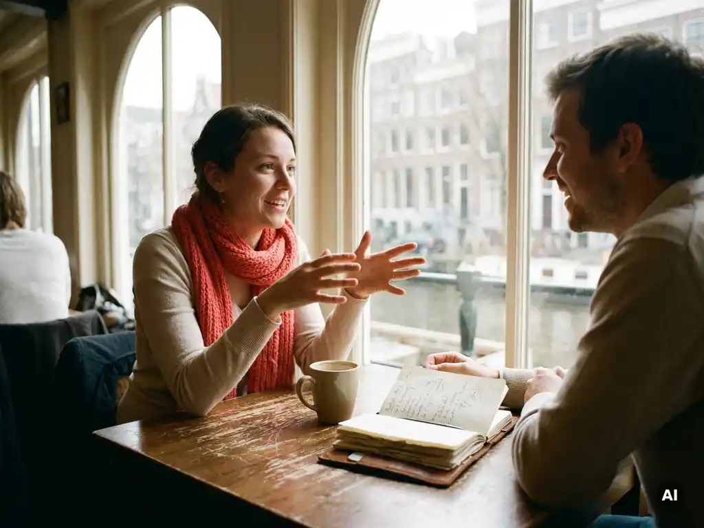 Twee mensen in gesprek aan een verweerde houten caféttafel in Amsterdam, één leunt voorover met gebarende handen, keramische koffiekop en notitieboek op tafel.
