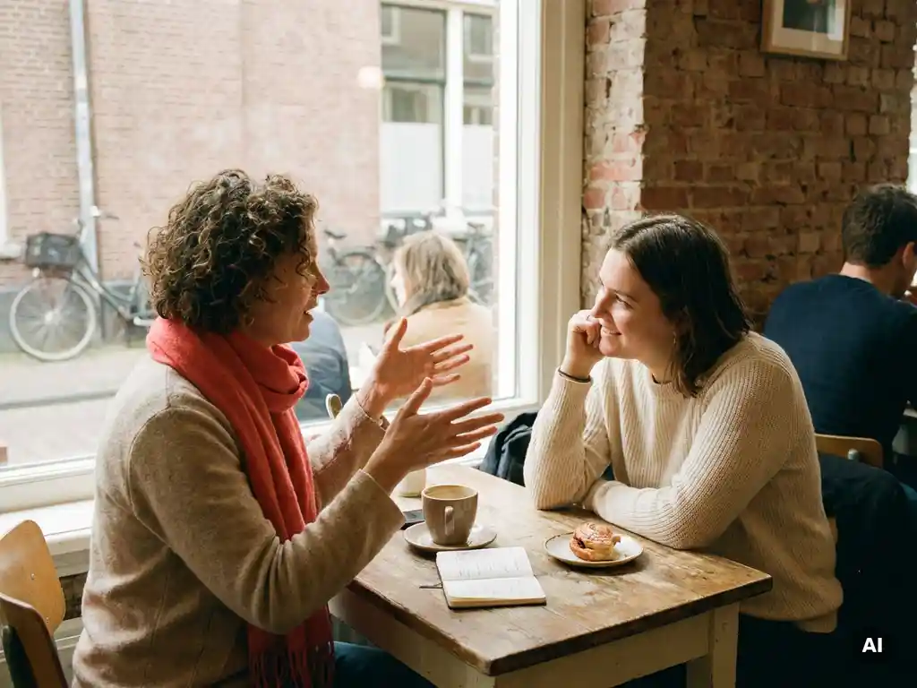 Twee mensen in gesprek aan een houten cafétafel in Amsterdam, één gebaart expressief terwijl de ander aandachtig luistert.
