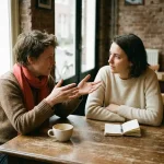 Twee mensen in gesprek aan een houten cafétafel in Amsterdam, met koffie en notitieboekje, in warm natuurlijk licht.