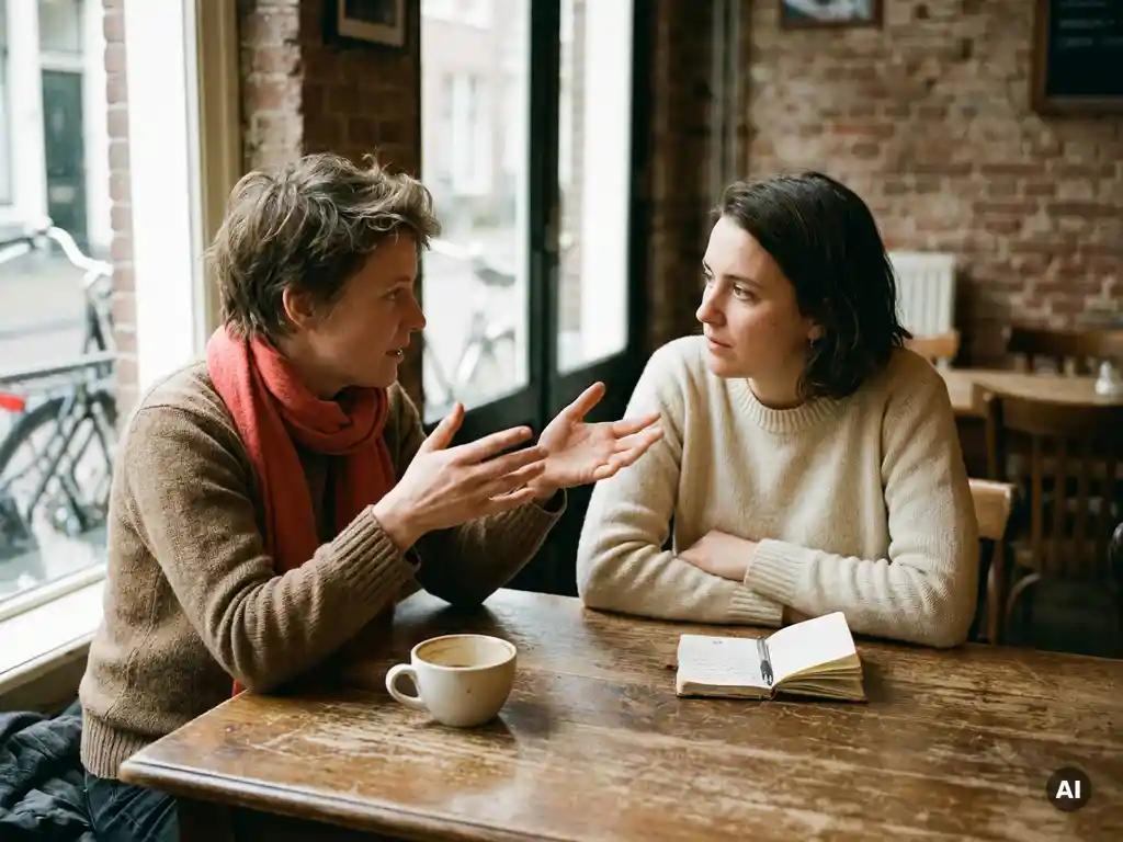 Twee mensen in gesprek aan een houten cafétafel in Amsterdam, met koffie en notitieboekje, in warm natuurlijk licht.