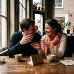 Twee mensen in gesprek aan een verweerde houten cafétafel in Amsterdam, leunend naar elkaar met koffiekopjes en een open notitieboekje.