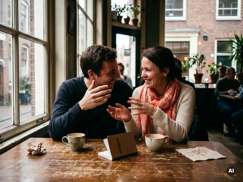 Twee mensen in gesprek aan een verweerde houten cafétafel in Amsterdam, leunend naar elkaar met koffiekopjes en een open notitieboekje.