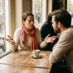 Twee mensen in gesprek aan een versleten houten cafétafel in Amsterdam, één gebarend met open handen terwijl de ander aandachtig luistert.