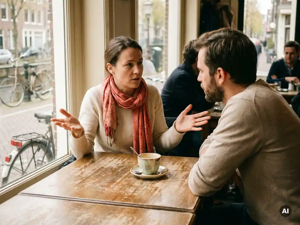 Twee mensen in gesprek aan een versleten houten cafétafel in Amsterdam, één gebarend met open handen terwijl de ander aandachtig luistert.