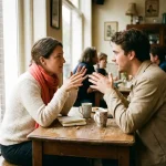 Twee mensen in levendig gesprek aan een houten cafétafel in Amsterdam, met koffiekopjes en een opengeslagen notitieboek.
